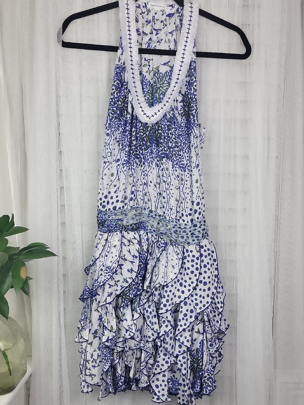 Poupette St. Barth Belinda Mini Dress with Ruffle skirt‎ white/blue. Size XS
